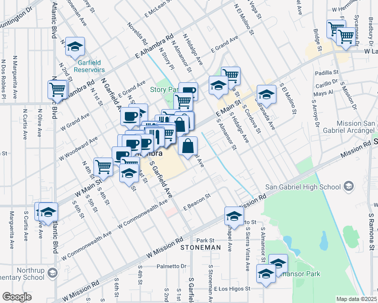 map of restaurants, bars, coffee shops, grocery stores, and more near 111 South Chapel Avenue in Alhambra