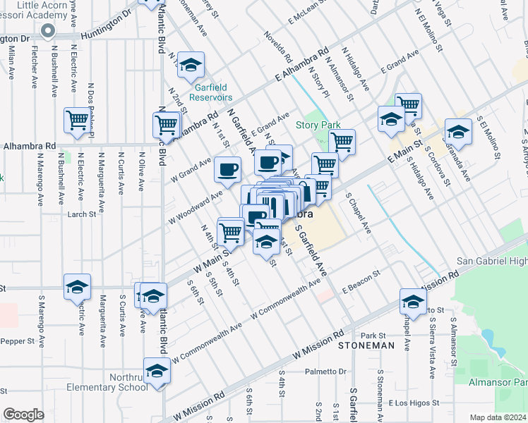map of restaurants, bars, coffee shops, grocery stores, and more near 10 North 1st Street in Alhambra