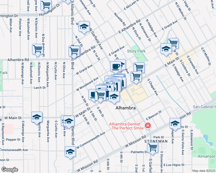 map of restaurants, bars, coffee shops, grocery stores, and more near 25 North 2nd Street in Alhambra