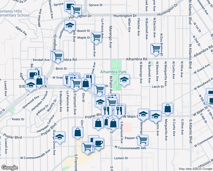 map of restaurants, bars, coffee shops, grocery stores, and more near 2216 Larch Street in Alhambra
