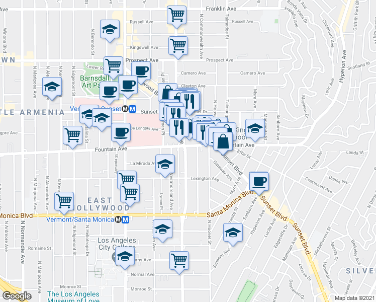 map of restaurants, bars, coffee shops, grocery stores, and more near 1255 North Virgil Avenue in Los Angeles