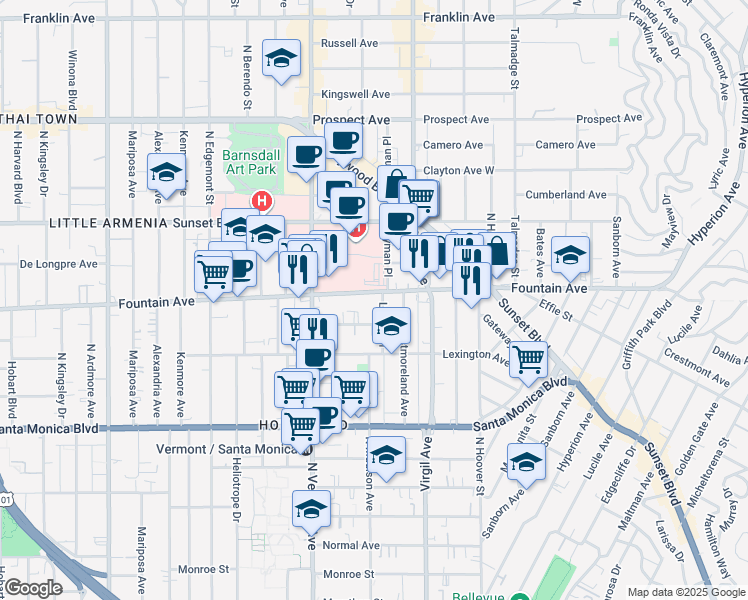 map of restaurants, bars, coffee shops, grocery stores, and more near 1266 Lyman Place in Los Angeles