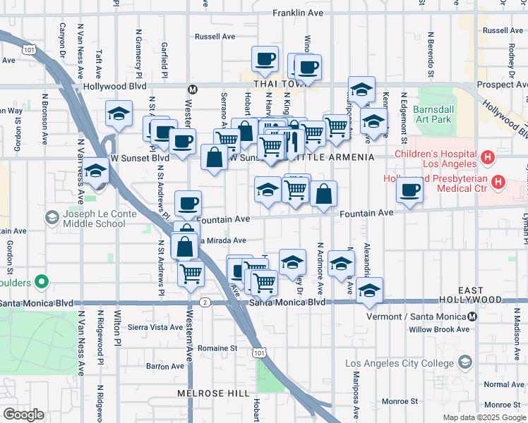 map of restaurants, bars, coffee shops, grocery stores, and more near 5310 Fountain Avenue in Los Angeles