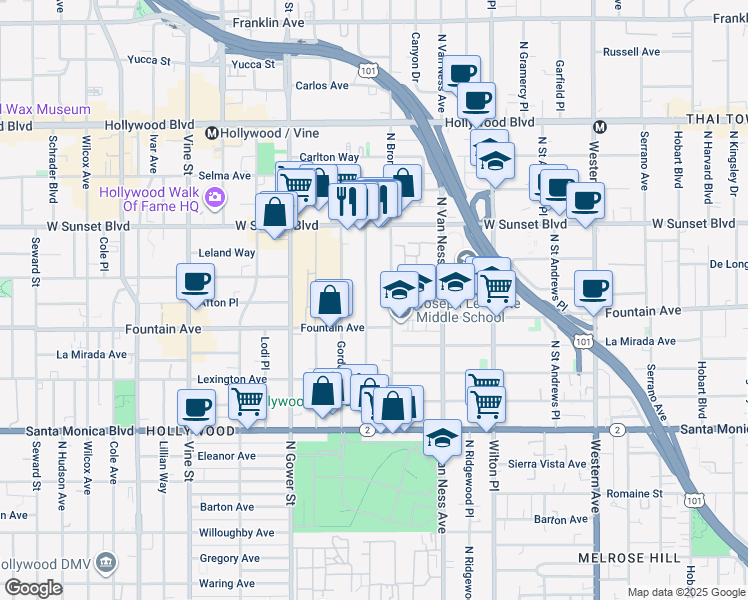 map of restaurants, bars, coffee shops, grocery stores, and more near in Los Angeles