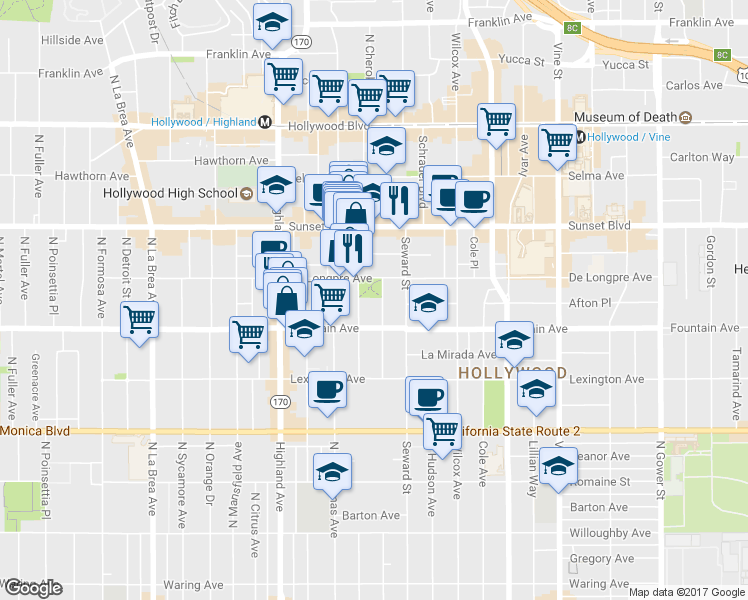map of restaurants, bars, coffee shops, grocery stores, and more near 1320 North Cherokee Avenue in Los Angeles
