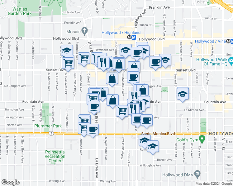 map of restaurants, bars, coffee shops, grocery stores, and more near 1317 North Mansfield Avenue in Los Angeles