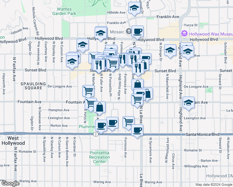 map of restaurants, bars, coffee shops, grocery stores, and more near in Los Angeles