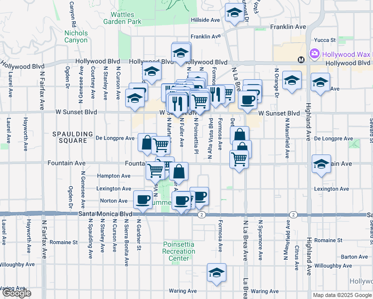 map of restaurants, bars, coffee shops, grocery stores, and more near 1321 North Poinsettia Place in Los Angeles