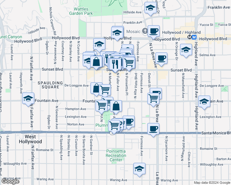map of restaurants, bars, coffee shops, grocery stores, and more near 1323 North Fuller Avenue in Los Angeles