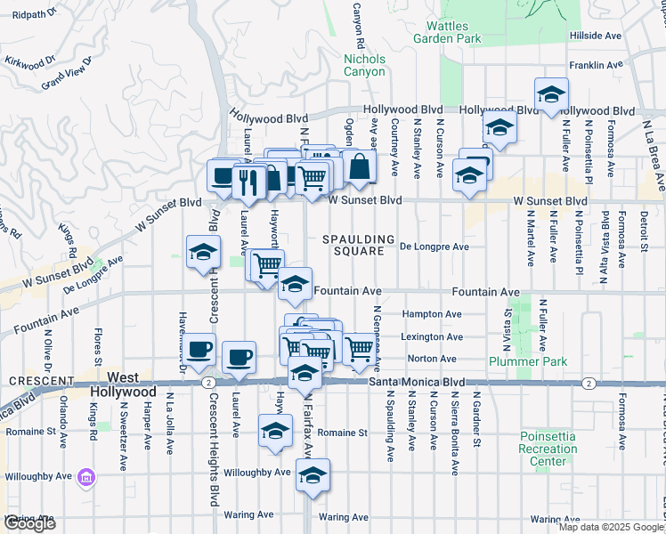 map of restaurants, bars, coffee shops, grocery stores, and more near 1317 North Orange Grove Avenue in West Hollywood
