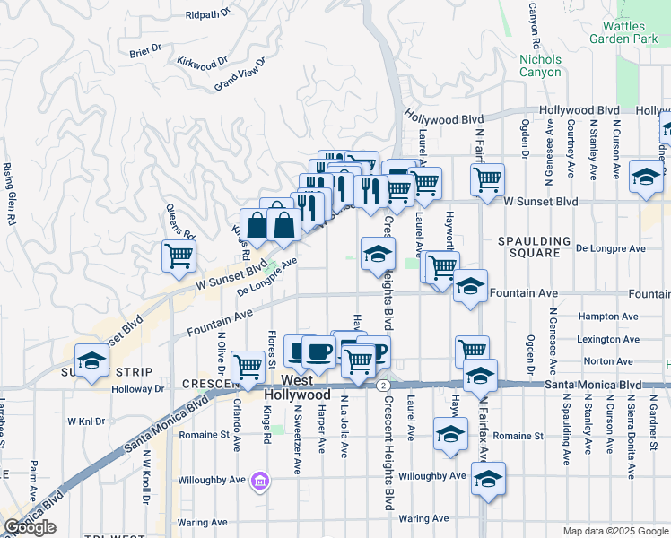 map of restaurants, bars, coffee shops, grocery stores, and more near in West Hollywood