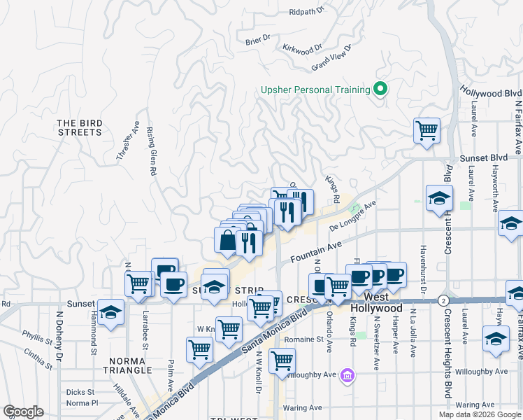 map of restaurants, bars, coffee shops, grocery stores, and more near 1356 Miller Place in Los Angeles