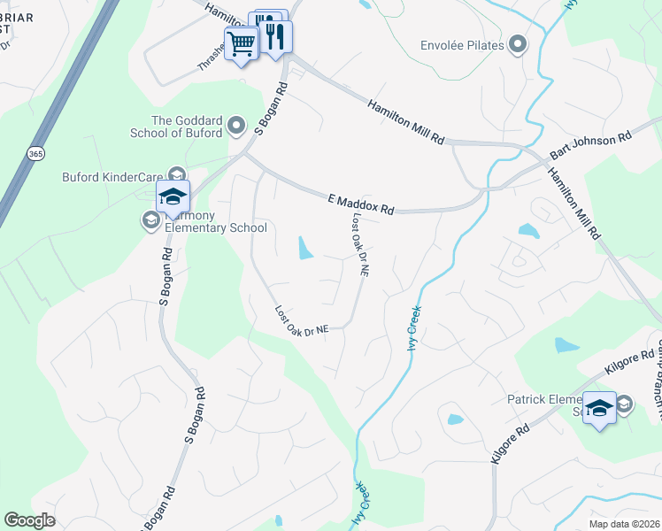 map of restaurants, bars, coffee shops, grocery stores, and more near 4070 Lost Mill Lane in Buford