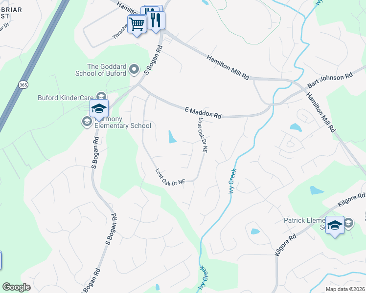 map of restaurants, bars, coffee shops, grocery stores, and more near 4080 Lost Mill Lane in Buford