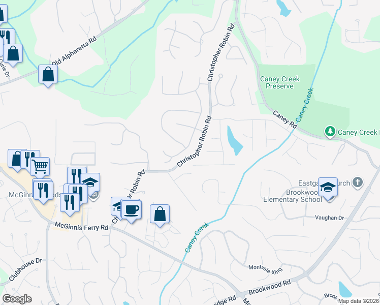 map of restaurants, bars, coffee shops, grocery stores, and more near 1260 Rosewood Drive in Alpharetta