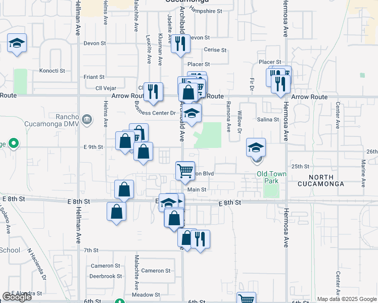 map of restaurants, bars, coffee shops, grocery stores, and more near Pine Crest Place in Rancho Cucamonga