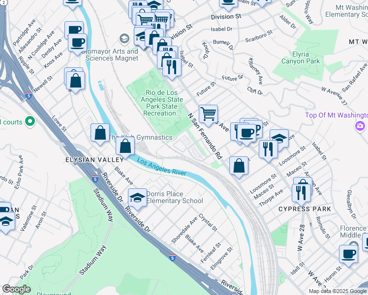 map of restaurants, bars, coffee shops, grocery stores, and more near 2581 Chaucer Street in Los Angeles