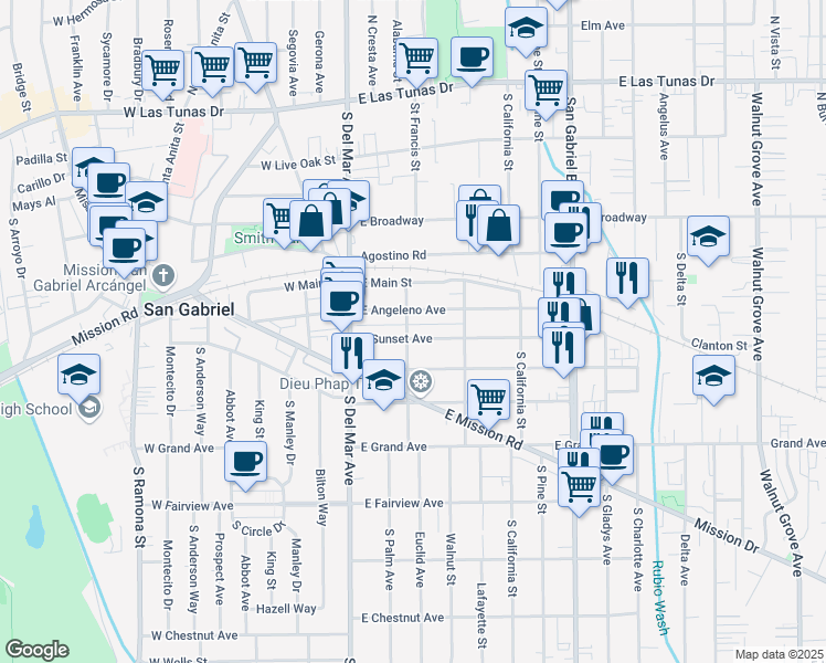 map of restaurants, bars, coffee shops, grocery stores, and more near 301 East Sunset Avenue in San Gabriel