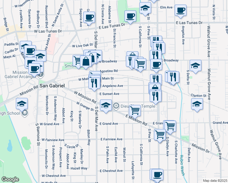 map of restaurants, bars, coffee shops, grocery stores, and more near 301 East Sunset Avenue in San Gabriel