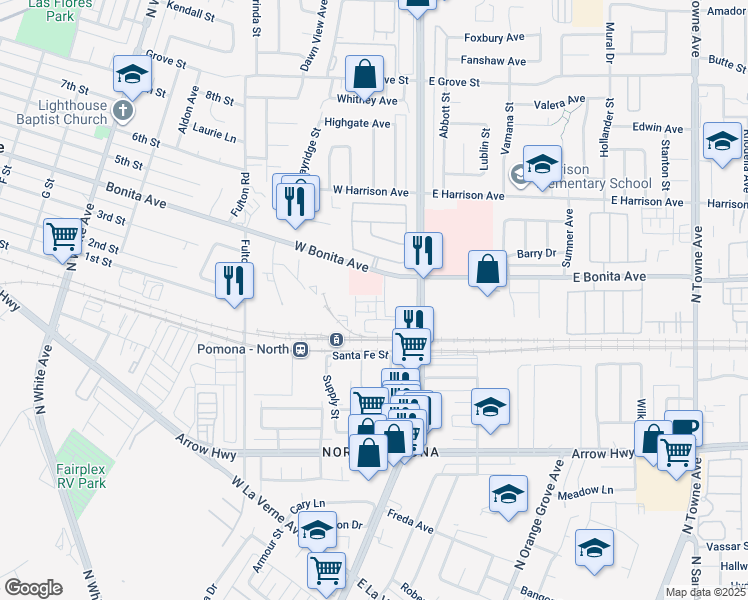 map of restaurants, bars, coffee shops, grocery stores, and more near 203 Aurora Lane in Pomona