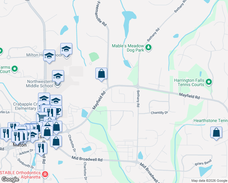 map of restaurants, bars, coffee shops, grocery stores, and more near 12733 Ruth's Farm Way in Alpharetta