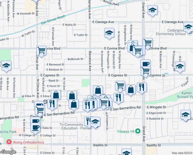 map of restaurants, bars, coffee shops, grocery stores, and more near 530 East Cypress Street in Covina
