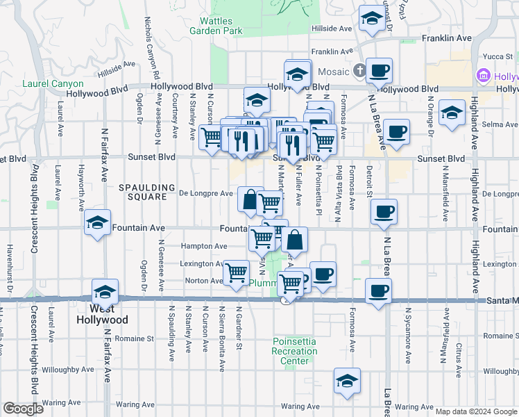 map of restaurants, bars, coffee shops, grocery stores, and more near 1335 North Vista Street in Los Angeles