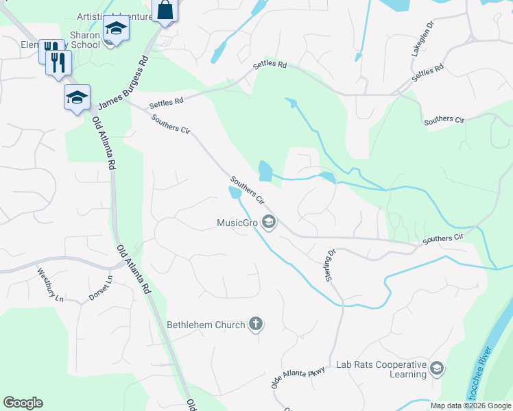 map of restaurants, bars, coffee shops, grocery stores, and more near 2080 Southers Circle in Suwanee