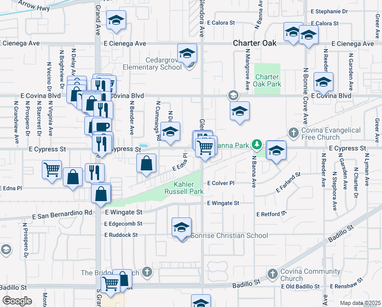 map of restaurants, bars, coffee shops, grocery stores, and more near 1267 E Edna Pl in Covina