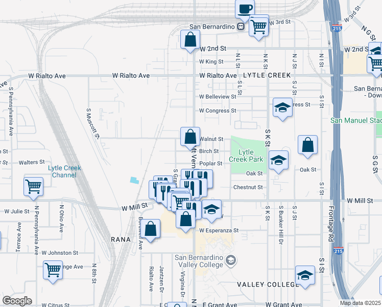 map of restaurants, bars, coffee shops, grocery stores, and more near 342 South Mount Vernon Avenue in San Bernardino