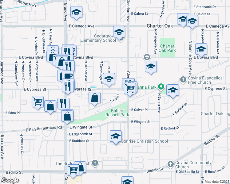 map of restaurants, bars, coffee shops, grocery stores, and more near 1267 E Edna Pl in Covina