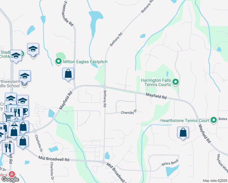 map of restaurants, bars, coffee shops, grocery stores, and more near 12815 Bethany Road in Alpharetta