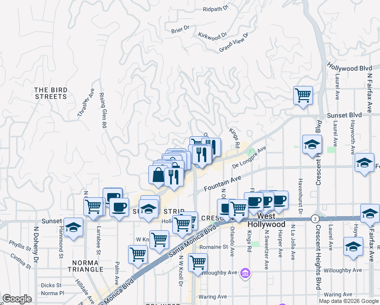 map of restaurants, bars, coffee shops, grocery stores, and more near 1377 Miller Place in Los Angeles
