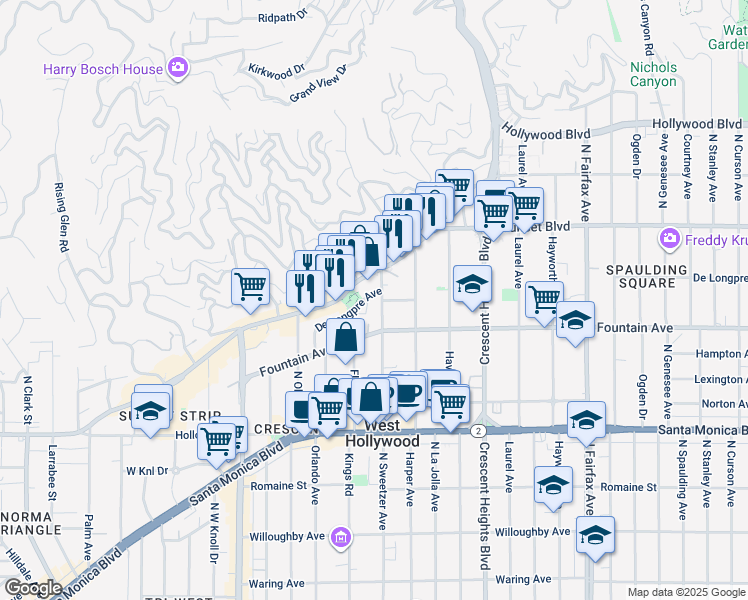 map of restaurants, bars, coffee shops, grocery stores, and more near 8300 De Longpre Avenue in West Hollywood