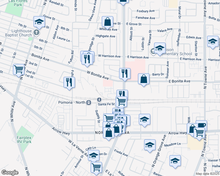 map of restaurants, bars, coffee shops, grocery stores, and more near 203 Aurora Lane in Pomona