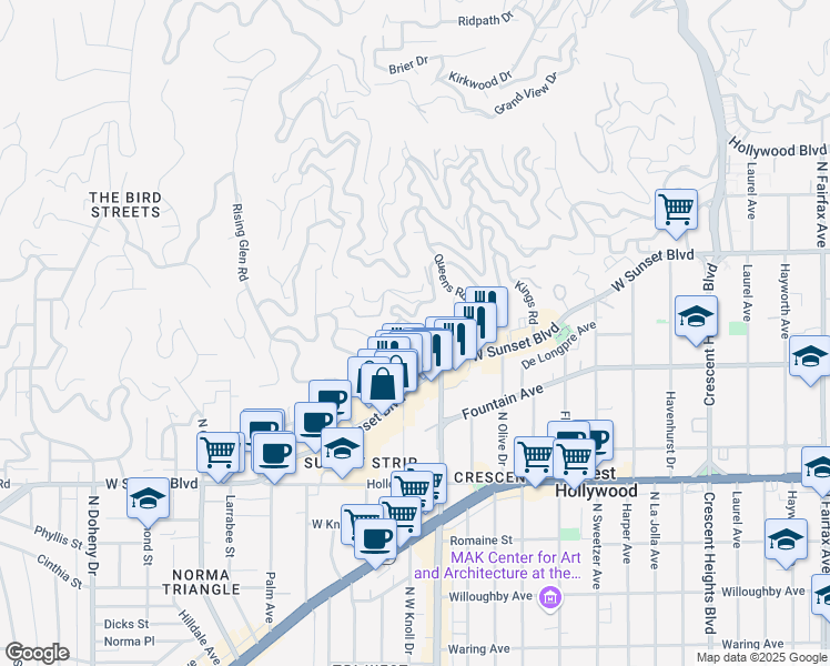map of restaurants, bars, coffee shops, grocery stores, and more near 1352 Miller Drive in Los Angeles