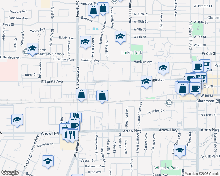 map of restaurants, bars, coffee shops, grocery stores, and more near 272 North Carnegie Avenue in Pomona