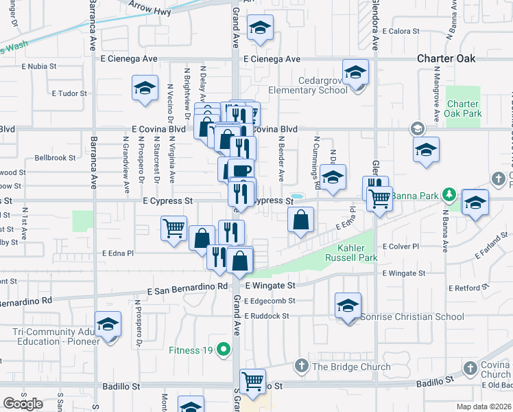 map of restaurants, bars, coffee shops, grocery stores, and more near 19530 Cypress Street in Covina