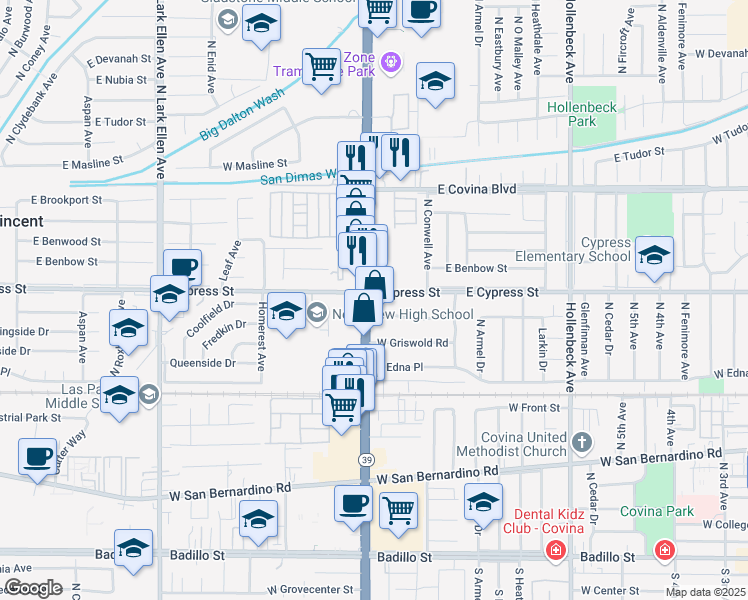 map of restaurants, bars, coffee shops, grocery stores, and more near 876 West Chester Road in Covina