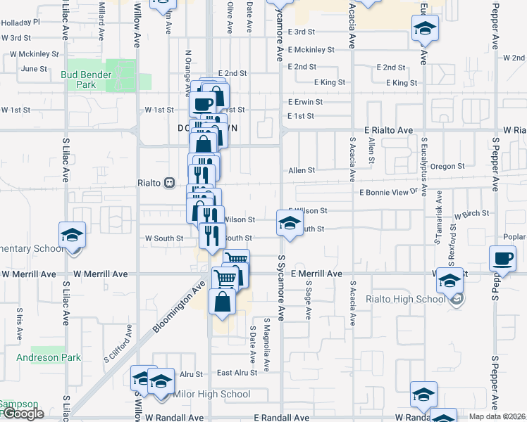 map of restaurants, bars, coffee shops, grocery stores, and more near 219 East Wilson Street in Rialto