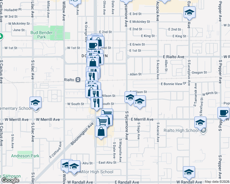 map of restaurants, bars, coffee shops, grocery stores, and more near 219 East Wilson Street in Rialto