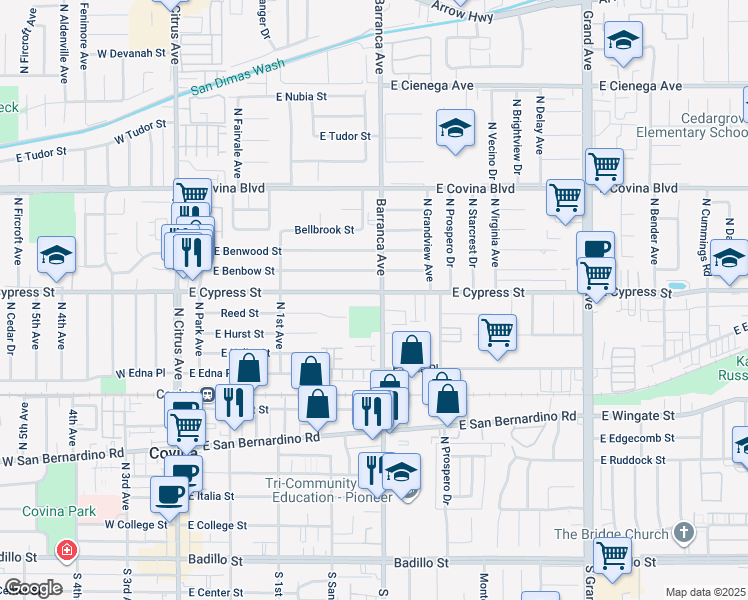 map of restaurants, bars, coffee shops, grocery stores, and more near 815 Barranca Avenue in Covina