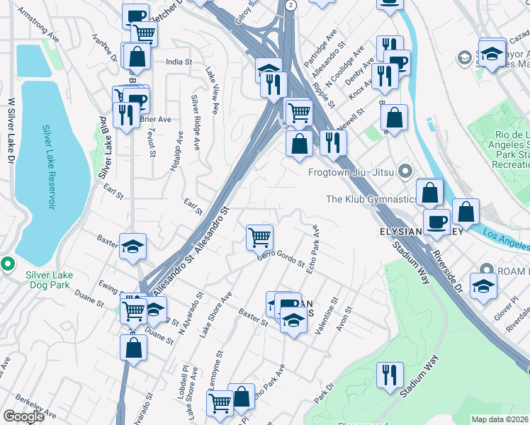 map of restaurants, bars, coffee shops, grocery stores, and more near 1916 Whitmore Avenue in Los Angeles
