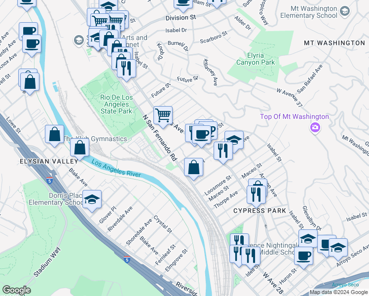 map of restaurants, bars, coffee shops, grocery stores, and more near 2630 Arvia Street in Los Angeles