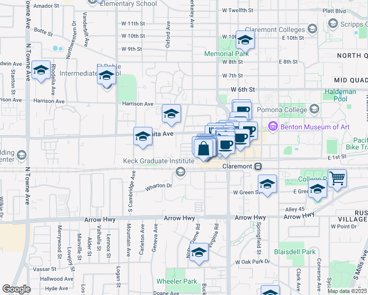 map of restaurants, bars, coffee shops, grocery stores, and more near 620 Asbury Drive in Claremont