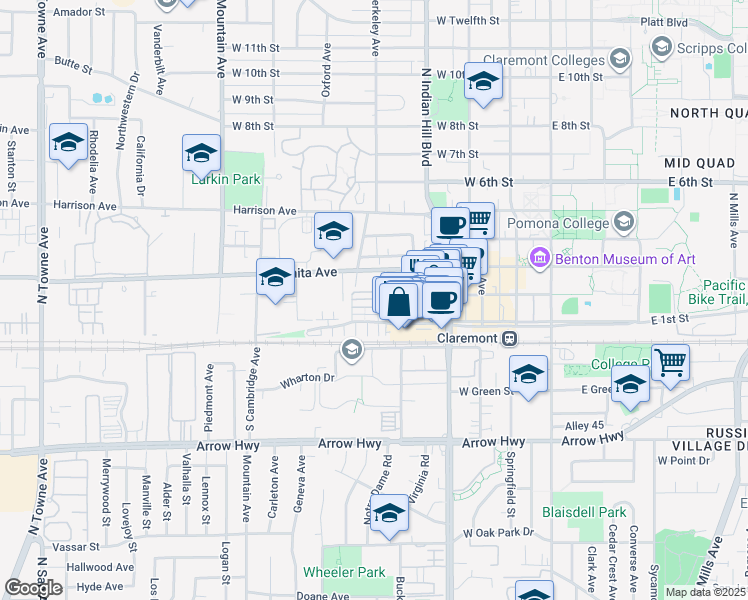 map of restaurants, bars, coffee shops, grocery stores, and more near 611 McKenna Street in Claremont