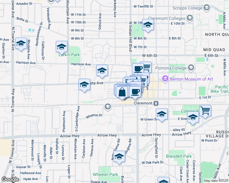 map of restaurants, bars, coffee shops, grocery stores, and more near 602 Asbury Drive in Claremont
