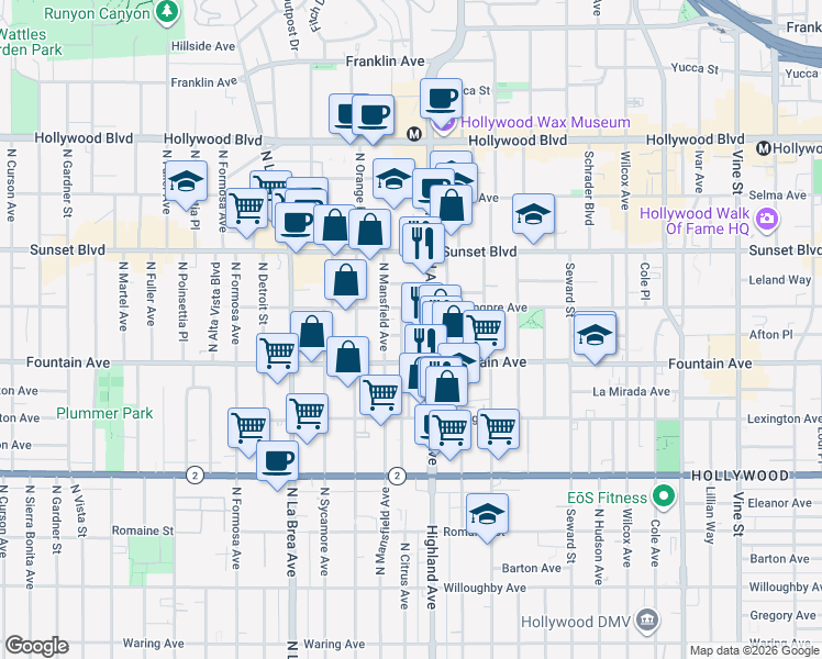 map of restaurants, bars, coffee shops, grocery stores, and more near 1322 North Citrus Avenue in Los Angeles