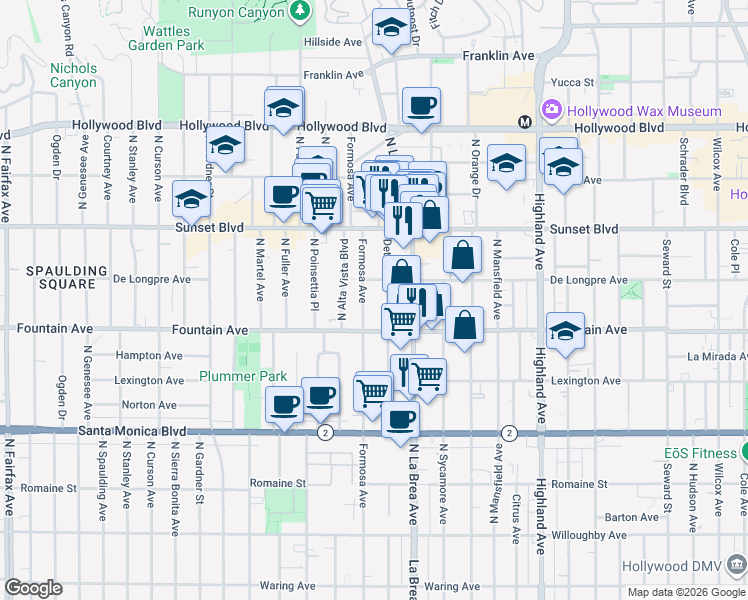 map of restaurants, bars, coffee shops, grocery stores, and more near 1338 North Formosa Avenue in Los Angeles