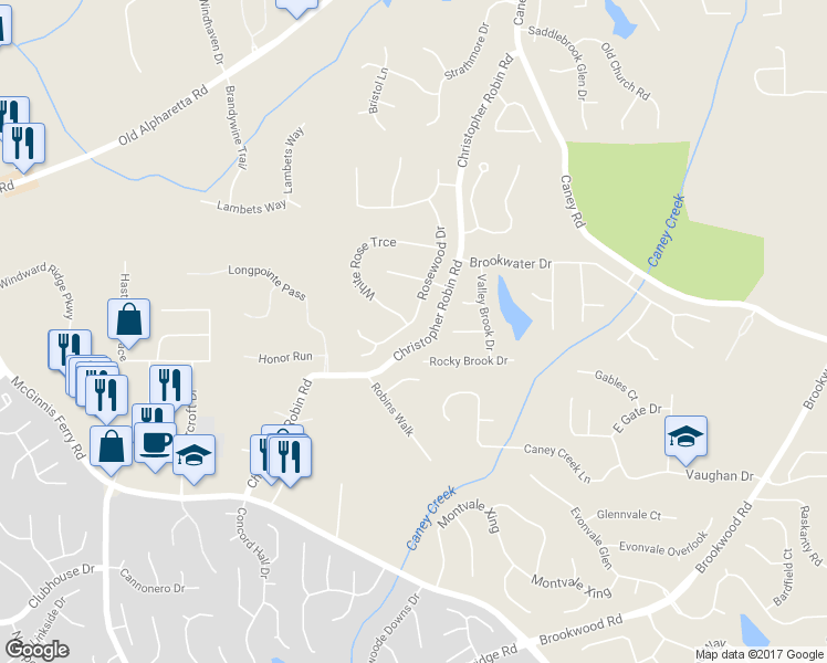 map of restaurants, bars, coffee shops, grocery stores, and more near 1260 Rosewood Drive in Alpharetta